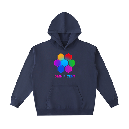 Vintage-washed navy Omnificent hoodie with the multi-colour Om Hex emblem on the front.