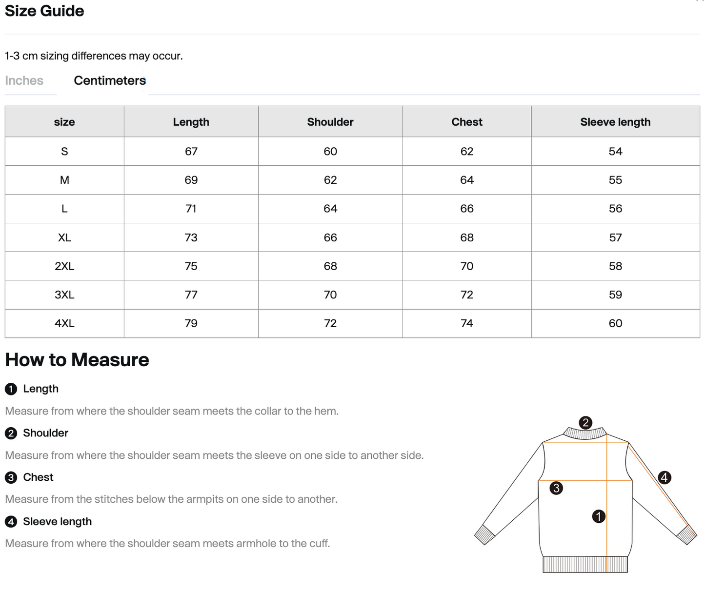 Size chart for Omnificent vintage-washed hoodie, measurements in centimeters.