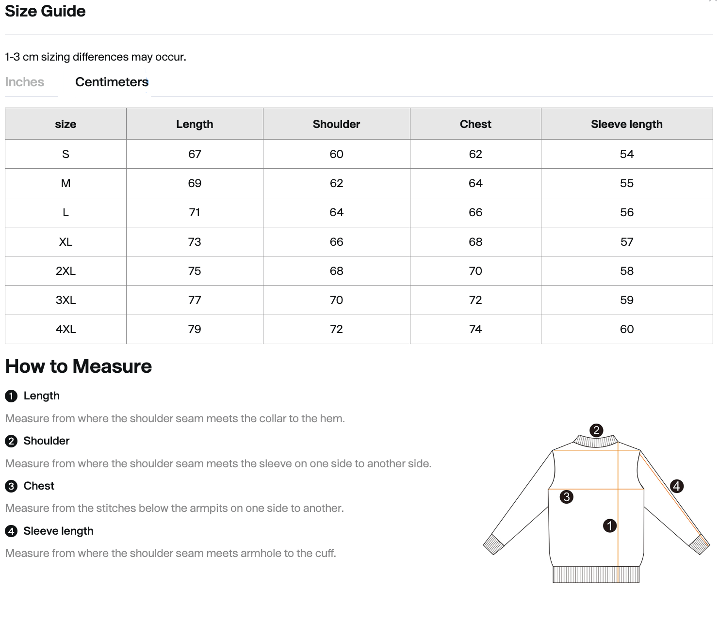 Size chart for Omnificent vintage-washed hoodie, measurements in centimeters.