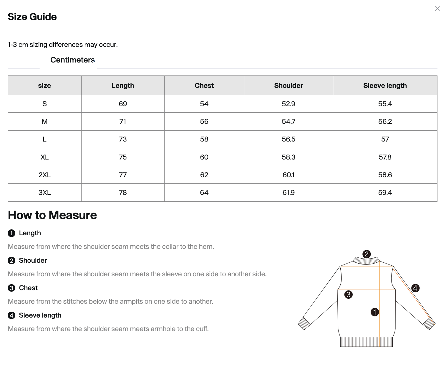 Omnificent sweater size guide in cm