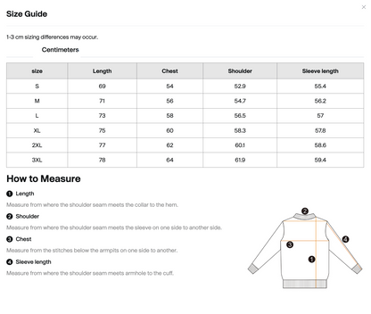 Omnificent sweater size guide in cm