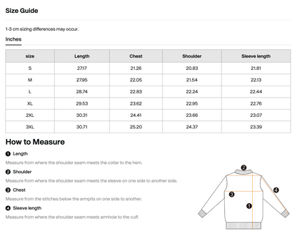 Omnificent sweater size guide in inches
