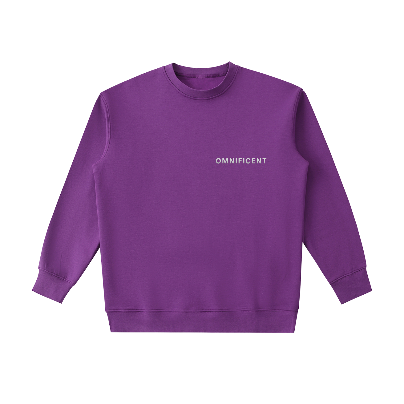 Purple Omnificent heavyweight sweatshirt with the Omnificent text logo on the chest.