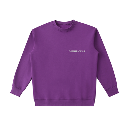 Purple Omnificent heavyweight sweatshirt with the Omnificent text logo on the chest.