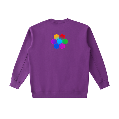 Back view of the purple Omnificent heavyweight sweatshirt featuring the multicolour Omnificent Hex Mark.