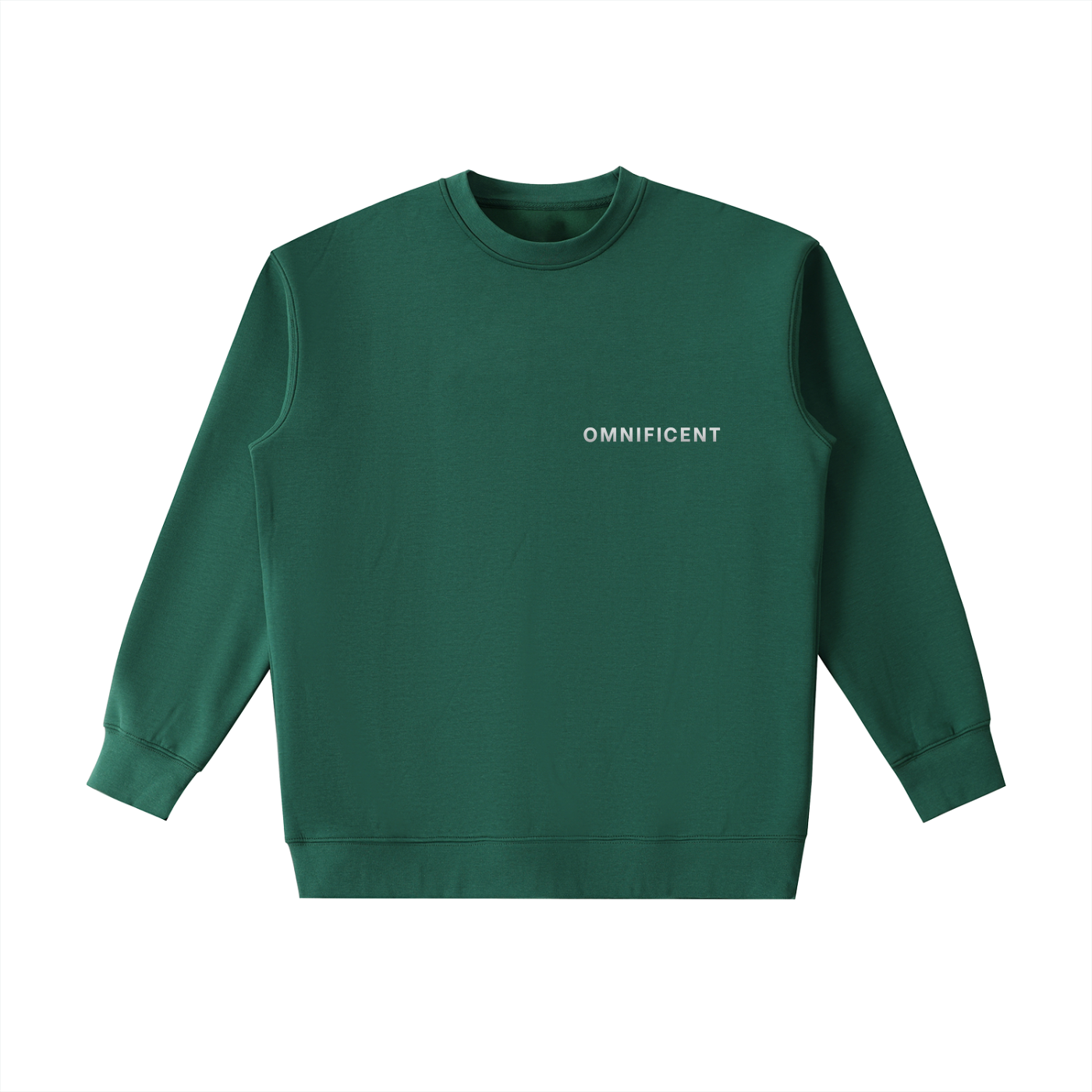 Dark green Omnificent heavyweight sweatshirt with the Omnificent text logo on the chest.