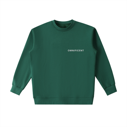 Dark green Omnificent heavyweight sweatshirt with the Omnificent text logo on the chest.