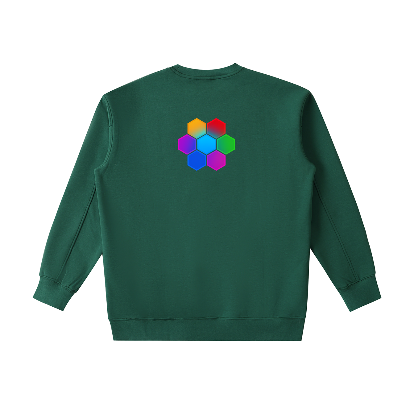 Back view of the dark green Omnificent heavyweight sweatshirt featuring the multicolour Omnificent Hex Mark.