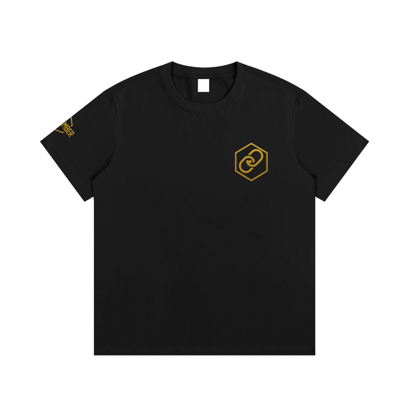 Black Memory Chain t-shirt with a gold hex memory chain emblem printed on the chest and golden 'remember' text on right sleeve. Unisex fit.