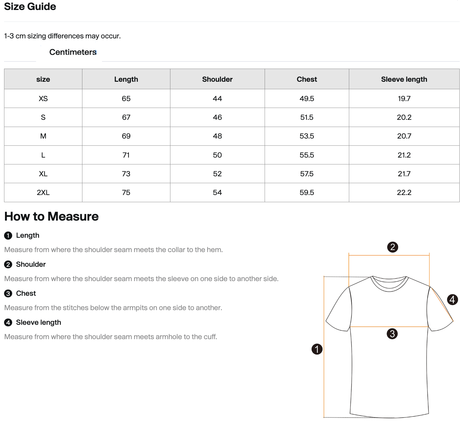 Size chart for memory chain shirt with measurements in centimeters, including a diagram of how to measure shirt dimensions.