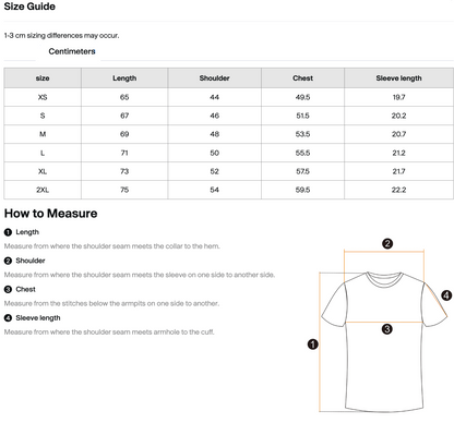 Size chart for memory chain shirt with measurements in centimeters, including a diagram of how to measure shirt dimensions.