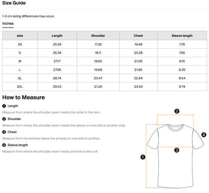 Size chart for memory chain shirt with measurements in inches, including a diagram of how to measure shirt dimensions.